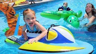 FAMiLY POOL PARTY!!  Adley & Niko Water Slide on inflatable Animals! Swimming in new AforAdley merch