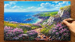 How to draw a trail going down to the sea -  Coastal landscape / Acrylic landscape painting/A Lu Art