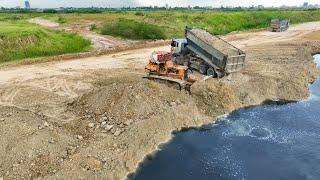 Excellent Skill Dumping Soil Into Deep Water By Dump Trucks And Dozer D53p Process