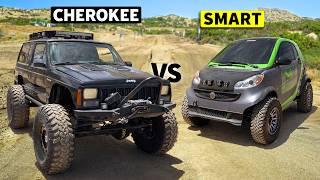 Can THIS Lifted Smart Car beat THAT Off-Road Recovery Jeep XJ in a Dirt Drag Race?