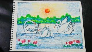 Kids easy scenery drawing | Swan Scenery drawing 