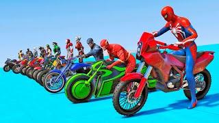 MOTOS COM HOMEM-ARANHA e HERÓIS! DESAFIO COM MOTOS E HERÓIS NA RAMPA DO HULK - GTA V