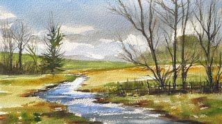 BEGINNERS WATERCOLOR RIVER TREES & HILLS, Paint A LOOSE Watercolour Landscape PAINTING DEMO Tutorial