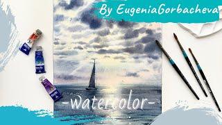 How to paint a watercolor painting | Sail boat, clouds and sea | Drawing tutorial step by step