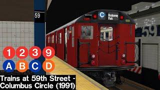 OpenBVE Virtual Railfanning: A, B, C, D, 1, 2, 3 and 9 Trains at 59th St - Columbus Circle (1991)