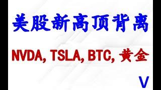 美股大盘顶部背离；个股分析：NVDA,TSLA,BTC,黄金,原油。