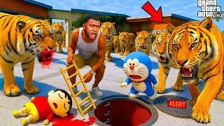 GTA 5 : 1000 TIGERS ATTACK Shinchan & Doraemon! Franklin ESCAPES Into SECRET BUNKER |Shocking Ending