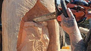 chainsaw carving an old cedar wedge - Owl in a nook. #1