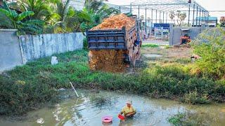 First Start a New Project! Delete Deep Flooded Pond by Dozer D20P KOMATSU & 5Ton Truck Pushing Stone