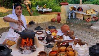 Cooking in Old Ancient CLAY POT Mutton Korma Curry with Khubz Roti Bread in Clay Oven Il