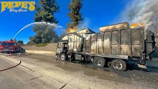 Fully Burned Trash Truck Gets Towed while ON FIRE still