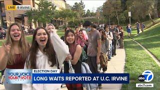 UC Irvine students wait in line for hours to cast their ballots on Election Day