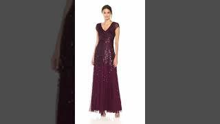 Adrianna Papell Women's Long Beaded V-Neck Dress with Cap Sleeves and Waistband