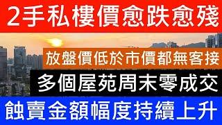 私樓價愈跌愈殘 二手樓價走勢反覆向下 減完息連睇樓都無埋 12月首周末 多個屋苑成交清零 成交繼續由業主減價推動 12月首七天 蝕讓數再創新高 蝕賣成交 蝕讓金額比一年前增加3成 越蝕越多 重創樓市及