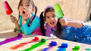 Andrea Ellie and Maddie Colorful Ice Chalk Art Sharing Story