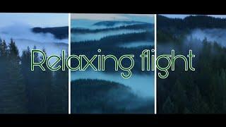 A relaxing flight over a misty forest in the mountains.