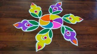 5*3dots color Flower kolam|Thai madham kolam|Republic Day Rangoli|Salem Rangoli|Simple flower kolam