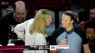 Oklahoma women b-ball coach Jennie Baranczyk yells at official in game vs. Omaha