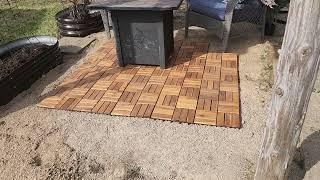 Interlocking Deck Tiles 12 x 12 Acacia Hardwood Outdoor Flooring for Patio - on Limestone