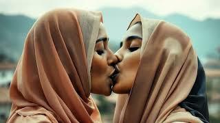 Muslim women sharing love with a kiss