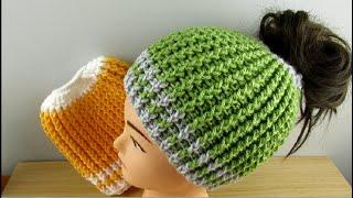 Crochet Messy Bun Hat Ponytail beanie tutorial adults 18"-22" - © Designed by Happy Crochet Club