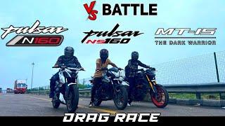 Bajaj Pulsar N160 vs Pulsar NS160 vs Yamaha MT-15 Triple Battle #bajaj #mt15 #ns160