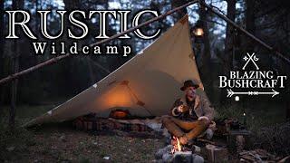 Rustic Bushcraft Wild Camp ️🪵 / Plow Point Tarp Setup / Campfire Cooking / Fatwood