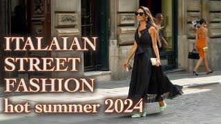 Street Fashion Italy July 2024. How people dress in Milan in the hot summer. Milan Street Style 2024