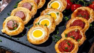 6 Ways for a quick puff Pastry Recipe ideas. Egg, sausage, tomato and caramelized onion