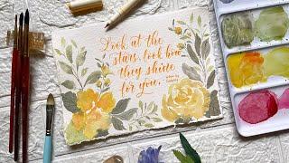 Yellow Watercolor Florals Painting in Real time with Brush Calligraphy Quote