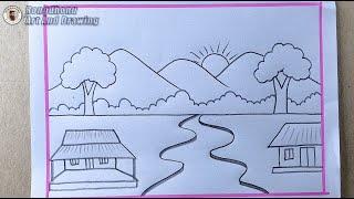 Easy Village Scenery Drawing with Pencil | Step by Step Tutorial
