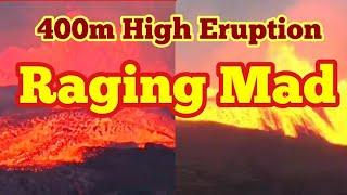 Volcano Is Raging Mad: 400 Meters Lava Fountain/Iceland Fagradalsfjall Geldingadalir Volcano