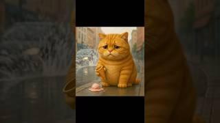 Cute little fat cat sad because the ice cream melted
