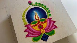 Beautiful diya with lotus rangoli design/ laxmi pujan rangoli/ diwali special rangoli