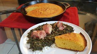 How to cook Mustard Greens with Cast Iron Skillet cornbread from scratch