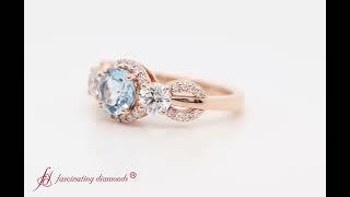 Halo 3 Stone Aquamarine Engagement Ring In Rose Gold-FDENR9261RGS - Fascinating Diamonds