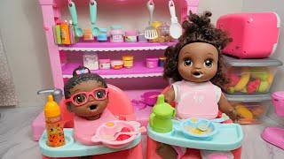 Baby Alive doll sisters Morning routine feeding and changing baby dolls