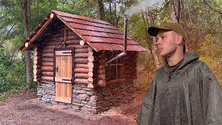 Construction of an Amazing House from Logs in the Rain. Start to Finish