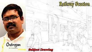 Railway Station Drawing | How To Draw Railway Station Drawing | Railway Station Drawing Step By Step