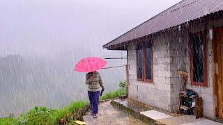 HEAVY RAIN IN BEAUTIFUL HILLY VILLAGE | HEAVY RAIN AND STRONG THUNDER SOUNDS