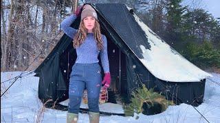 CAMPING IN ICY SNOW STORM WITH HOT TENT ︎ CAMP ASMR