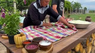 COLLECTING CORNUS FRUIT IN THE VILLAGE! GRANDMA HARVESTING PLUM WITH HER GRANDSON! CAUCASIAN COUNTRY