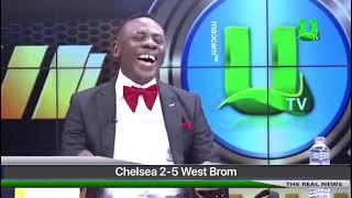 Ghanaian news presenter laughs at Chelsea results against Westbrom.