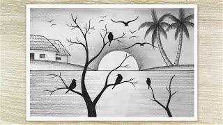 How to draw Sunrise Scenery With Pencil Sketch, Sunset Drawing for Beginners