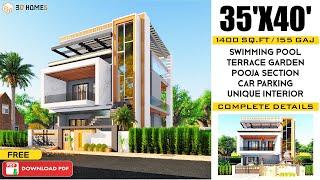 35x40 House Plans | 1400 sqft | 155 Gaj | Terrace Garden | Pool | 35 x 40 West Face House Plan