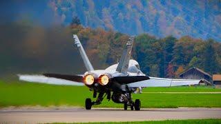 F/A-18 Hornet and F-5 Tiger Full Afterburner Takeoffs at Meiringen Air Base [4K]