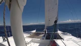 Wharram Tiki 38', 'Jumpa Lagi', at 7-8knots on the wind, in 12-15knots of breeze