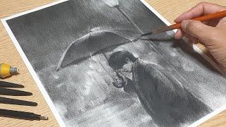 Rainy Night, BTS V with umbrella - Charcoal drawing