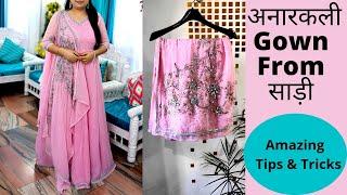 Saree reuse idea/Designer Gown cutting and stitching/Reuse old Saree/anarkali kurti/ashi gautam