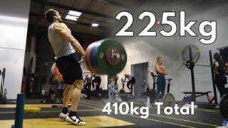 225kg Clean and Jerk, 185kg Snatch, 410kg Training Total